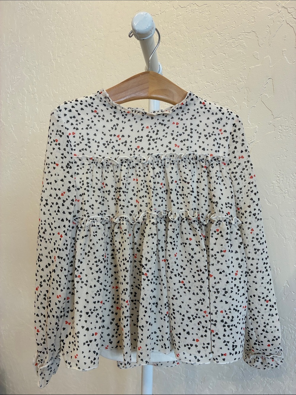 Mayoral Cream Blouse with Black and Red Heart Print